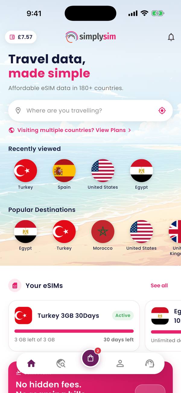 SimplySIM app home screen with destination search and popular countries
